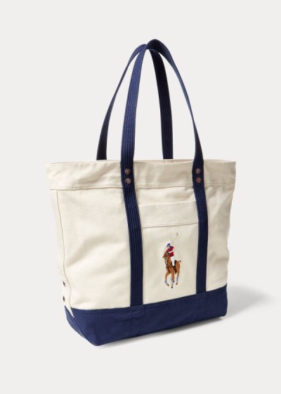 Bolsos De Mano Polo Ralph Lauren Hombre Creme / Azul Marino - Canvas Big Pony - ONTFG0917